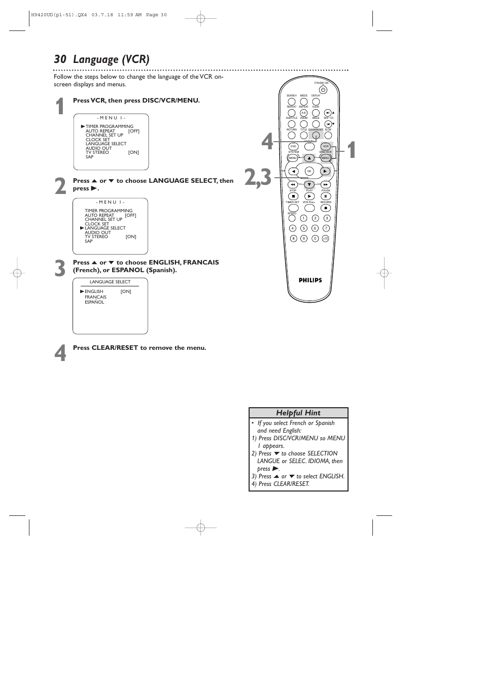 30 language (vcr), Helpful hint | Philips DVD750VR/17 User Manual | Page 30 / 84