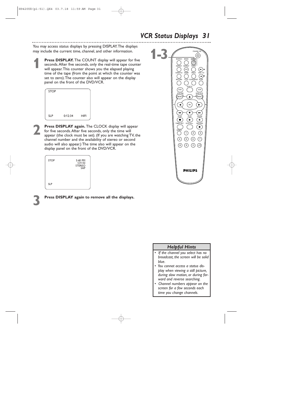 Vcr status displays 31, Helpful hints | Philips DVD750VR/17 User Manual | Page 31 / 84