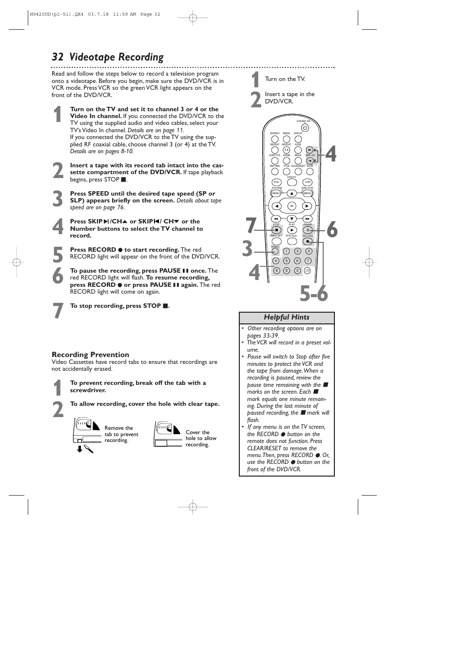 32 videotape recording | Philips DVD750VR/17 User Manual | Page 32 / 84