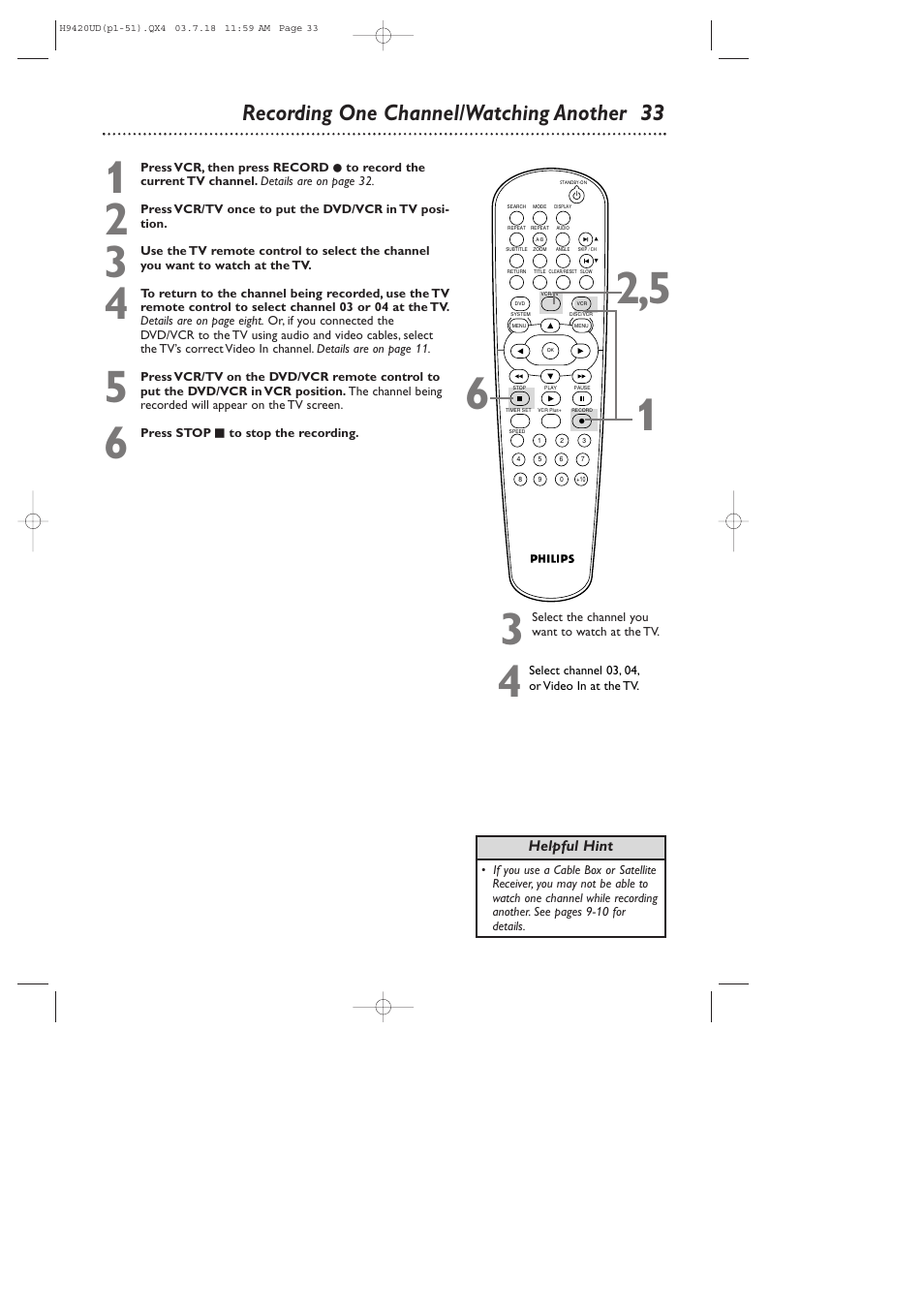 Recording one channel/watching another 33 | Philips DVD750VR/17 User Manual | Page 33 / 84