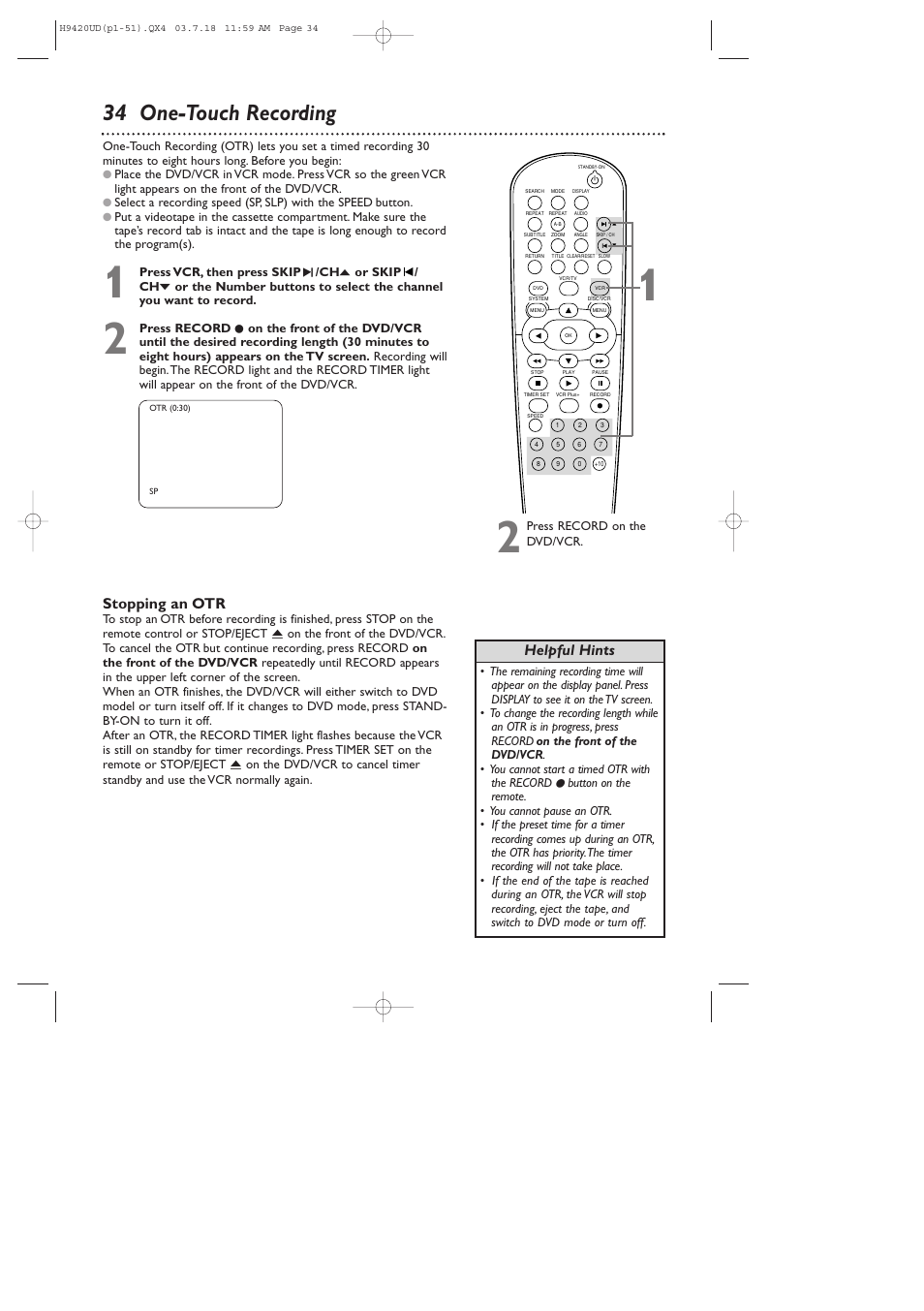 34 one-touch recording, Stopping an otr, Helpful hints | Philips DVD750VR/17 User Manual | Page 34 / 84