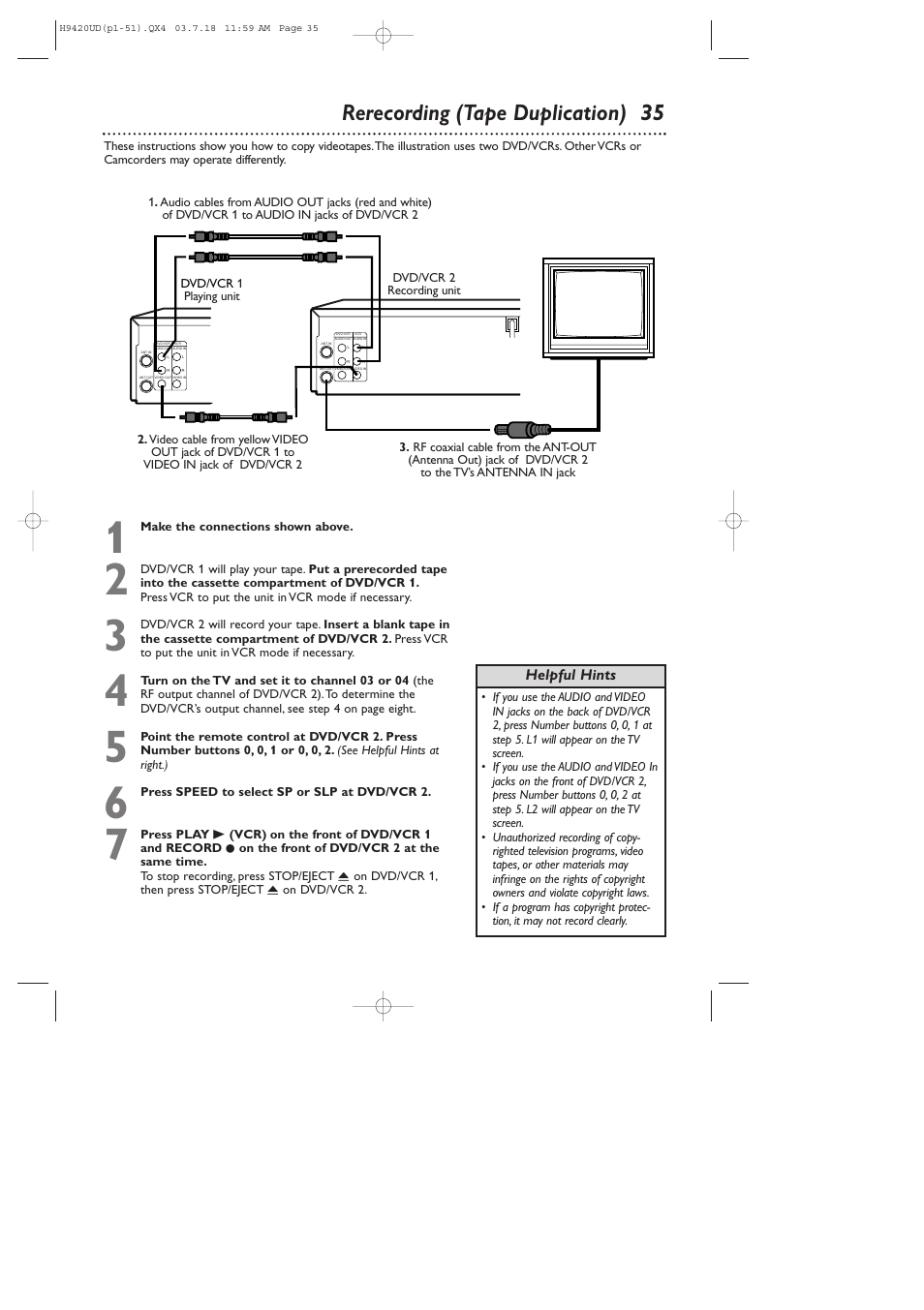 Rerecording (tape duplication) 35 | Philips DVD750VR/17 User Manual | Page 35 / 84