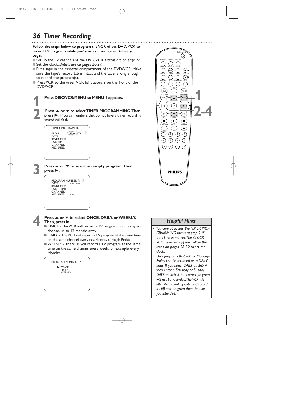 36 timer recording, Helpful hints | Philips DVD750VR/17 User Manual | Page 36 / 84