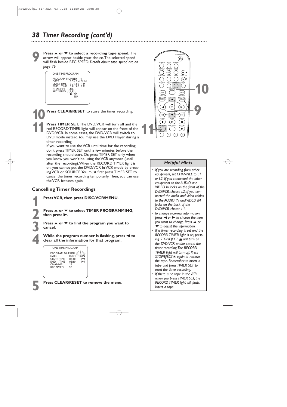 38 timer recording (cont’d) | Philips DVD750VR/17 User Manual | Page 38 / 84