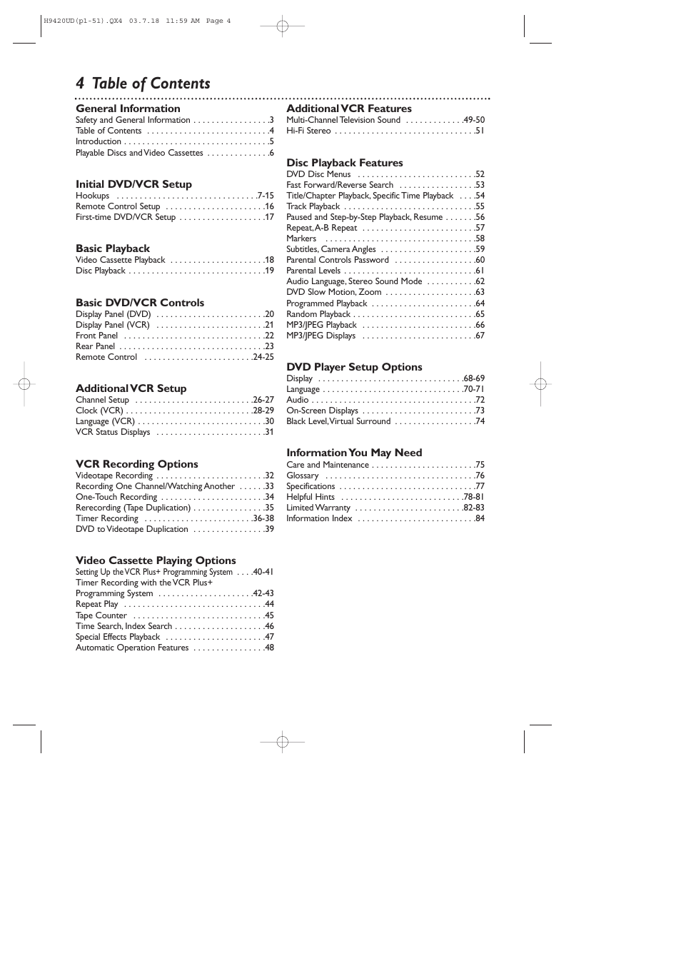 4 table of contents | Philips DVD750VR/17 User Manual | Page 4 / 84