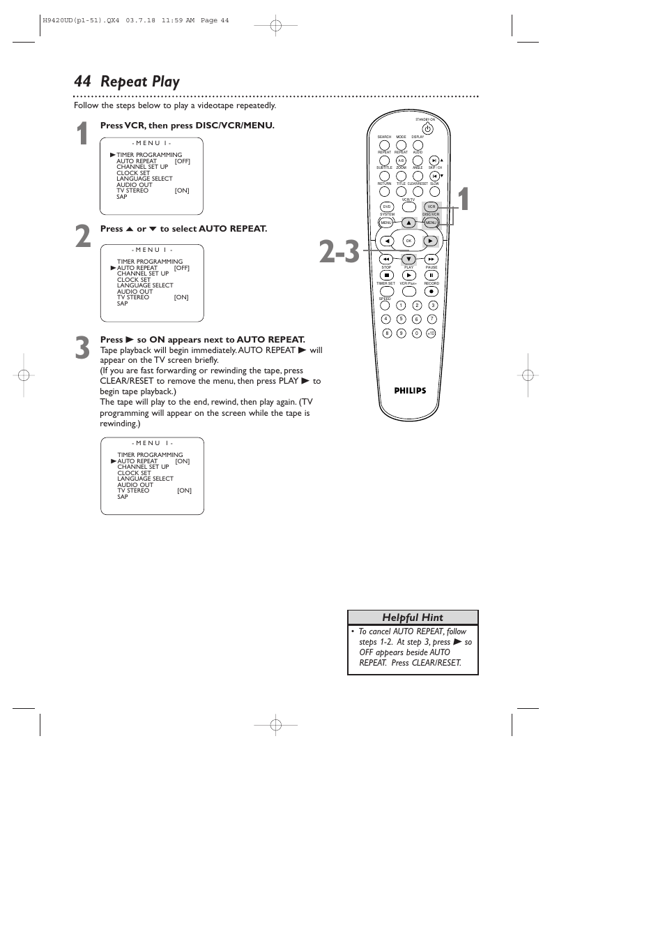 44 repeat play, Helpful hint | Philips DVD750VR/17 User Manual | Page 44 / 84