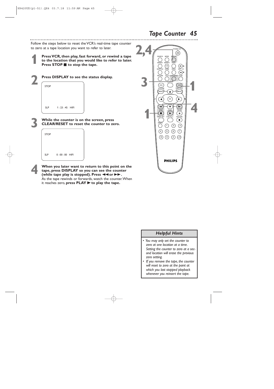 Tape counter 45 | Philips DVD750VR/17 User Manual | Page 45 / 84