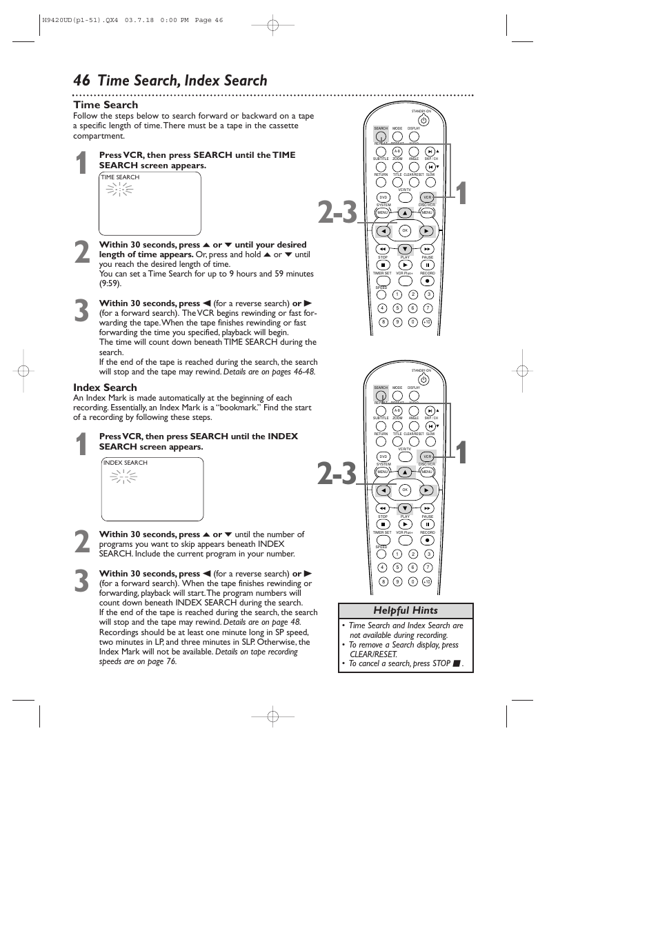 46 time search, index search, Time search, Helpful hints | Index search | Philips DVD750VR/17 User Manual | Page 46 / 84