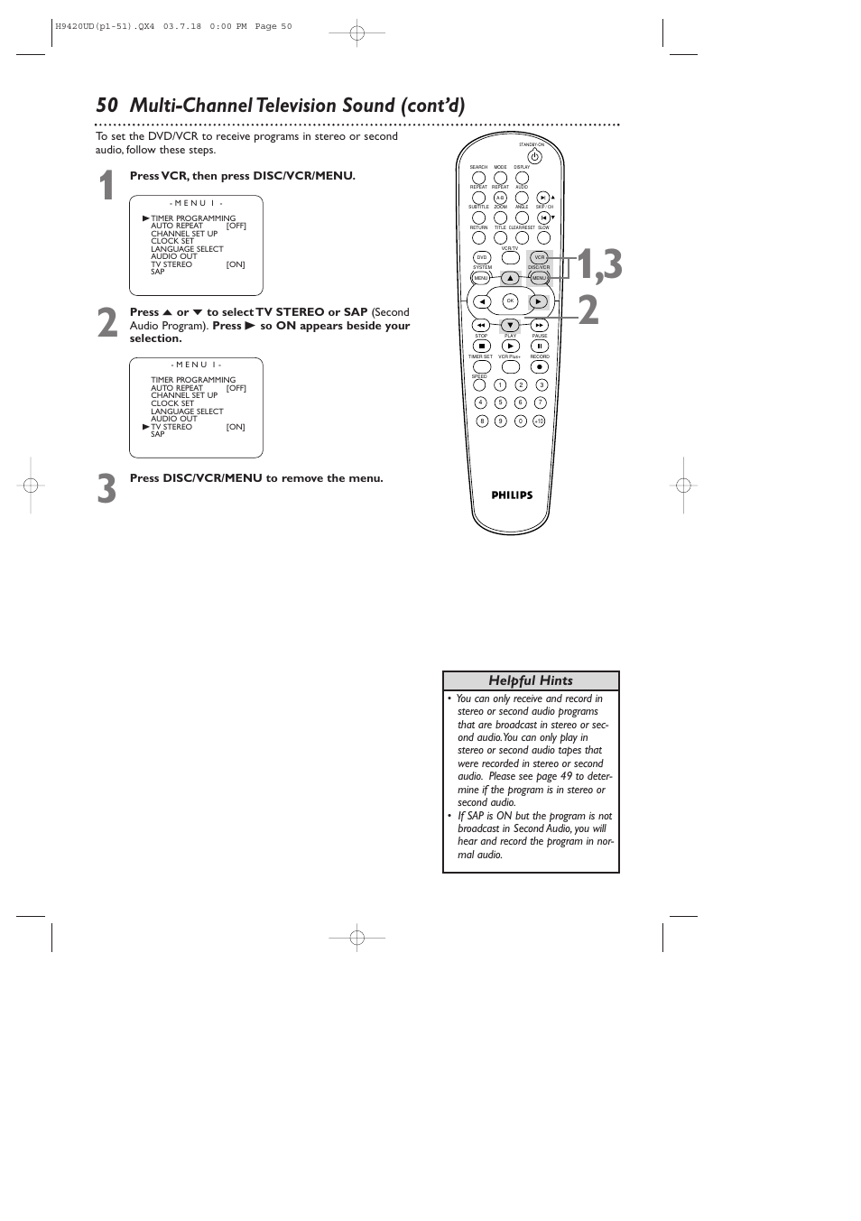 50 multi-channel television sound (cont’d), Helpful hints | Philips DVD750VR/17 User Manual | Page 50 / 84