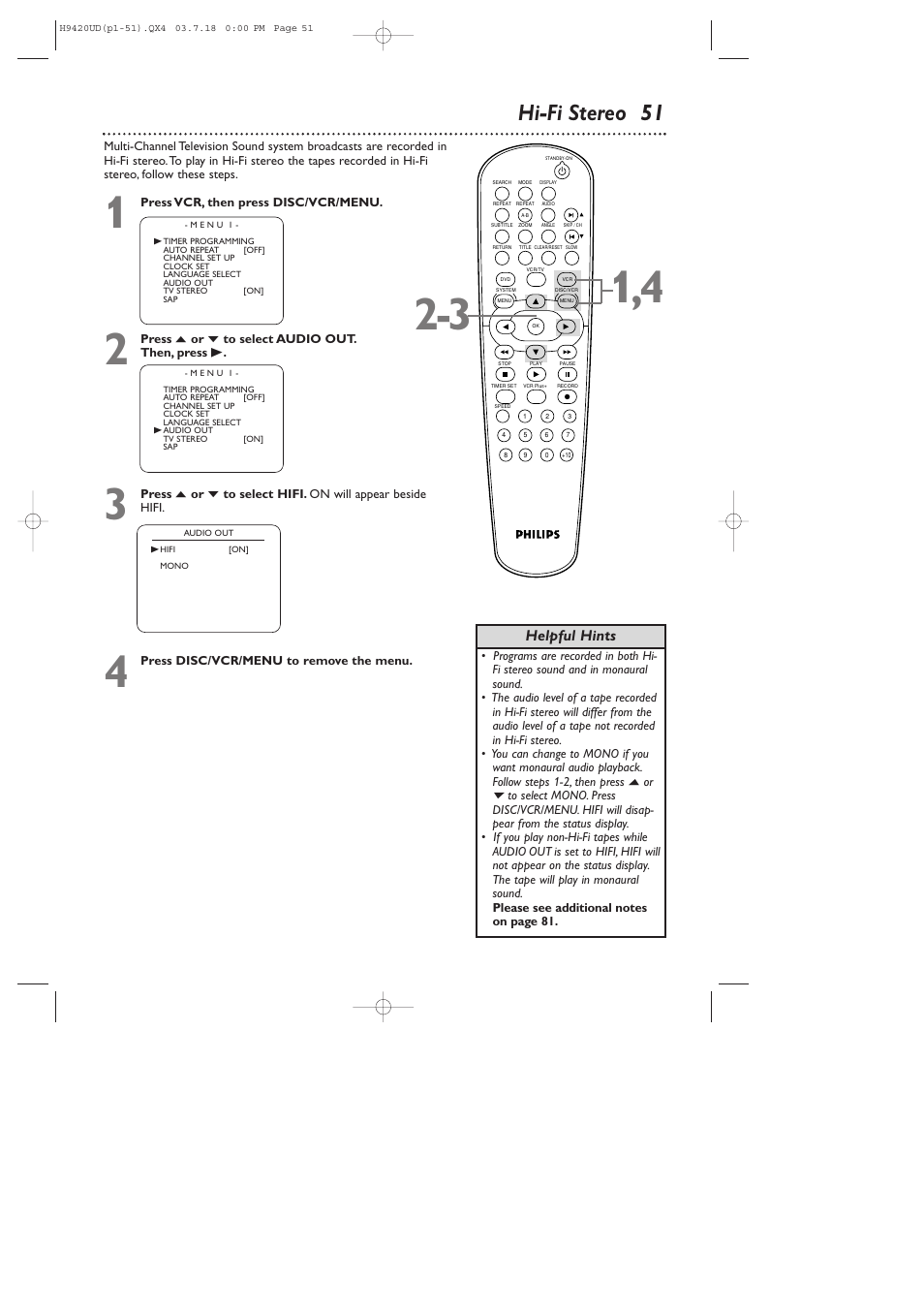 Hi-fi stereo 51, Helpful hints | Philips DVD750VR/17 User Manual | Page 51 / 84