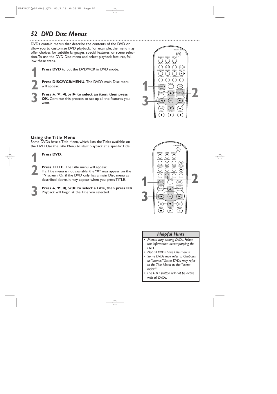 52 dvd disc menus | Philips DVD750VR/17 User Manual | Page 52 / 84