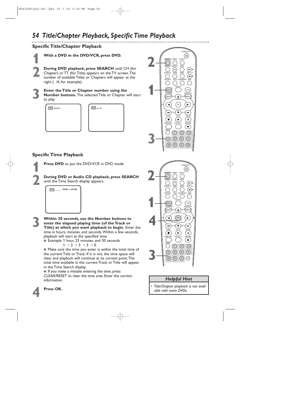 54 title/chapter playback, specific time playback | Philips DVD750VR/17 User Manual | Page 54 / 84