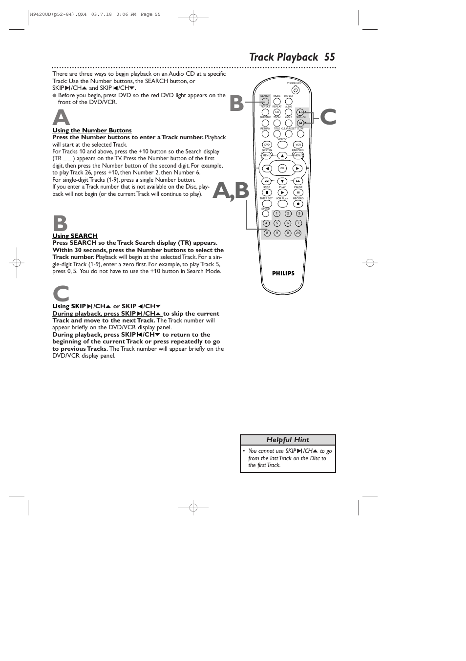 Ba,b c, Track playback 55 | Philips DVD750VR/17 User Manual | Page 55 / 84