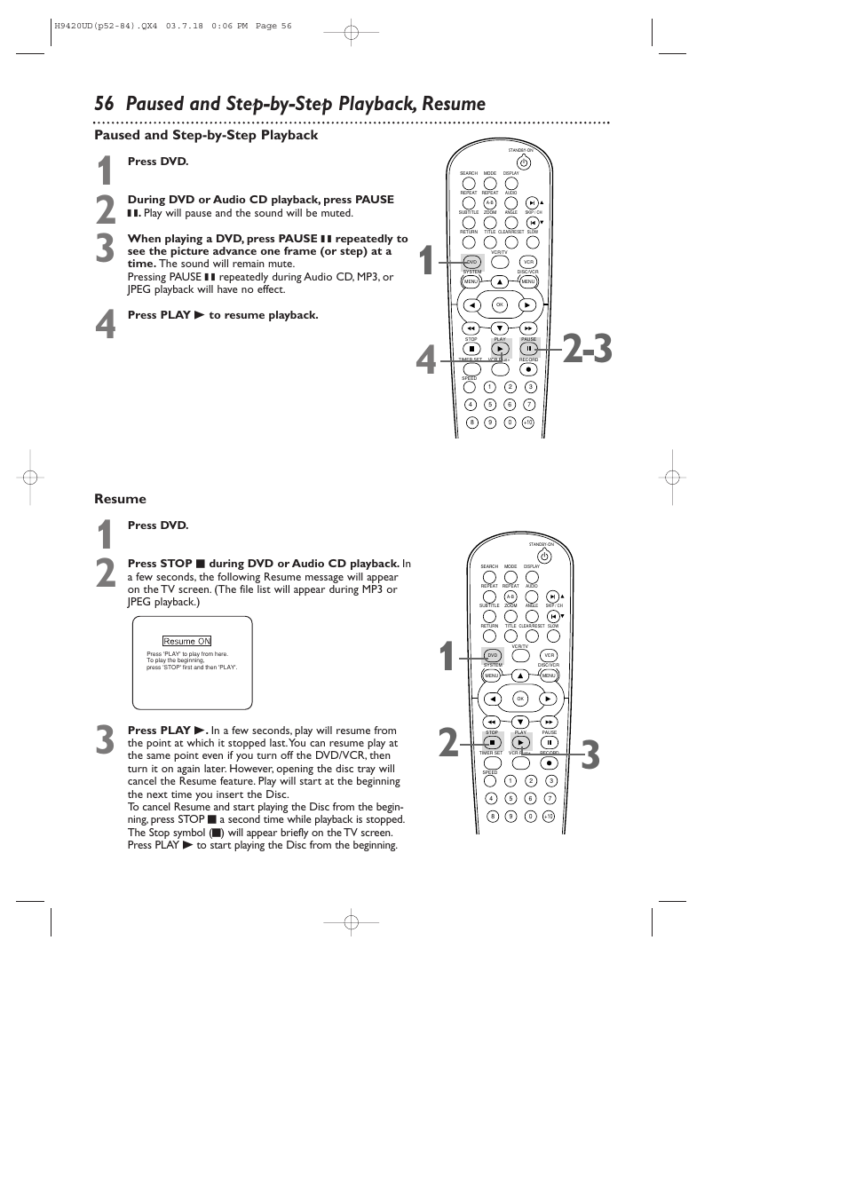 56 paused and step-by-step playback, resume, Resume, Paused and step-by-step playback | Philips DVD750VR/17 User Manual | Page 56 / 84