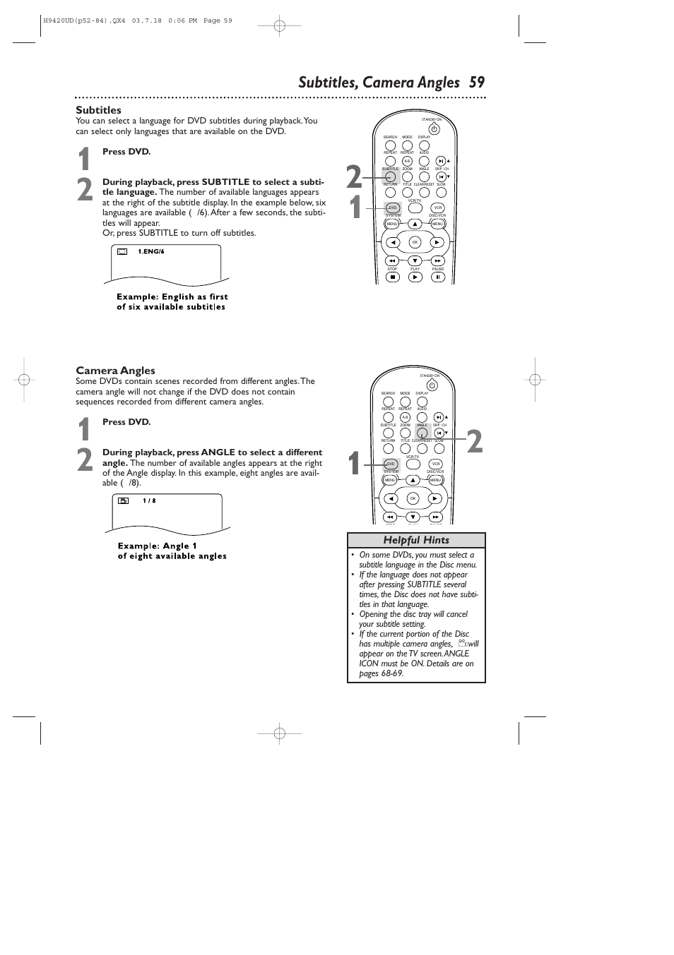 Subtitles, camera angles 59, Helpful hints subtitles, Camera angles | Philips DVD750VR/17 User Manual | Page 59 / 84