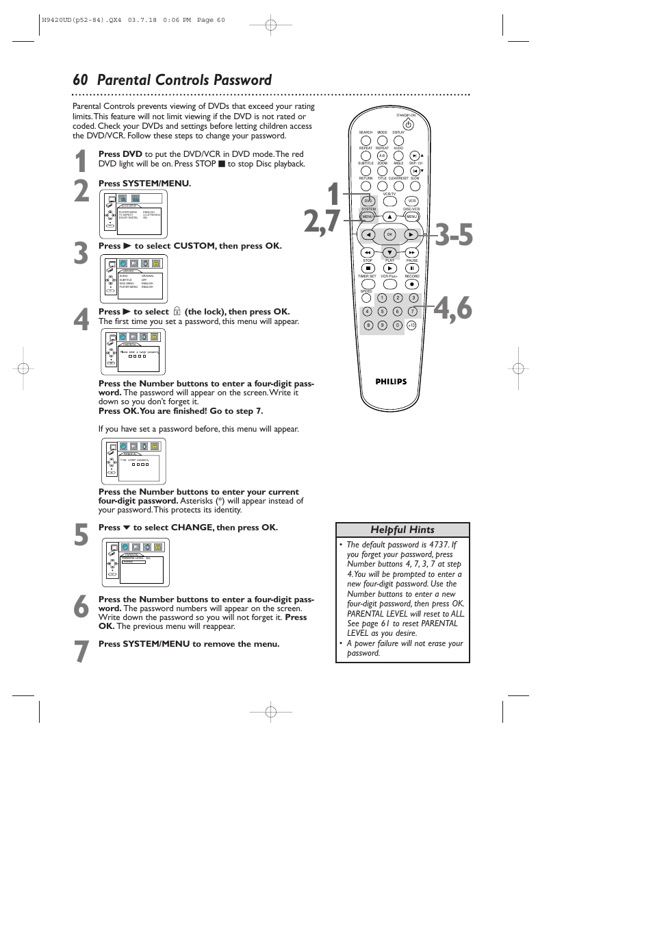 60 parental controls password, Helpful hints | Philips DVD750VR/17 User Manual | Page 60 / 84