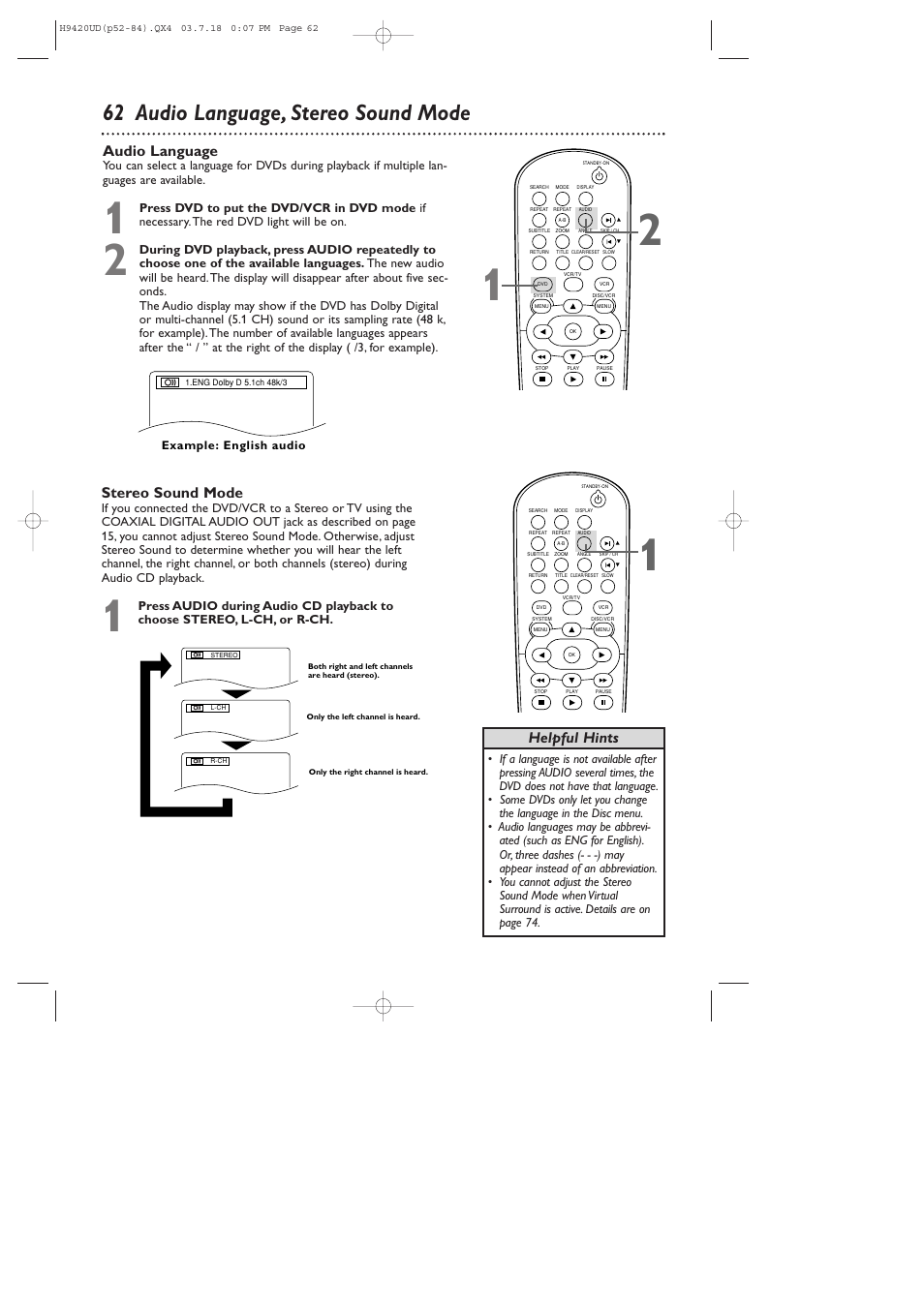 62 audio language, stereo sound mode, Audio language, Helpful hints stereo sound mode | Philips DVD750VR/17 User Manual | Page 62 / 84