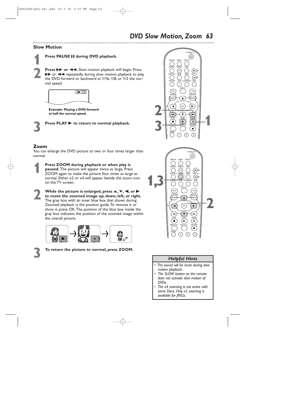 Dvd slow motion, zoom 63 | Philips DVD750VR/17 User Manual | Page 63 / 84