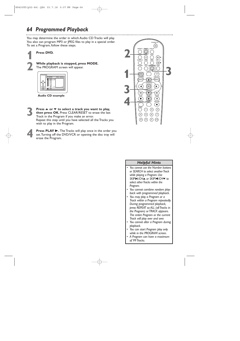 64 programmed playback | Philips DVD750VR/17 User Manual | Page 64 / 84