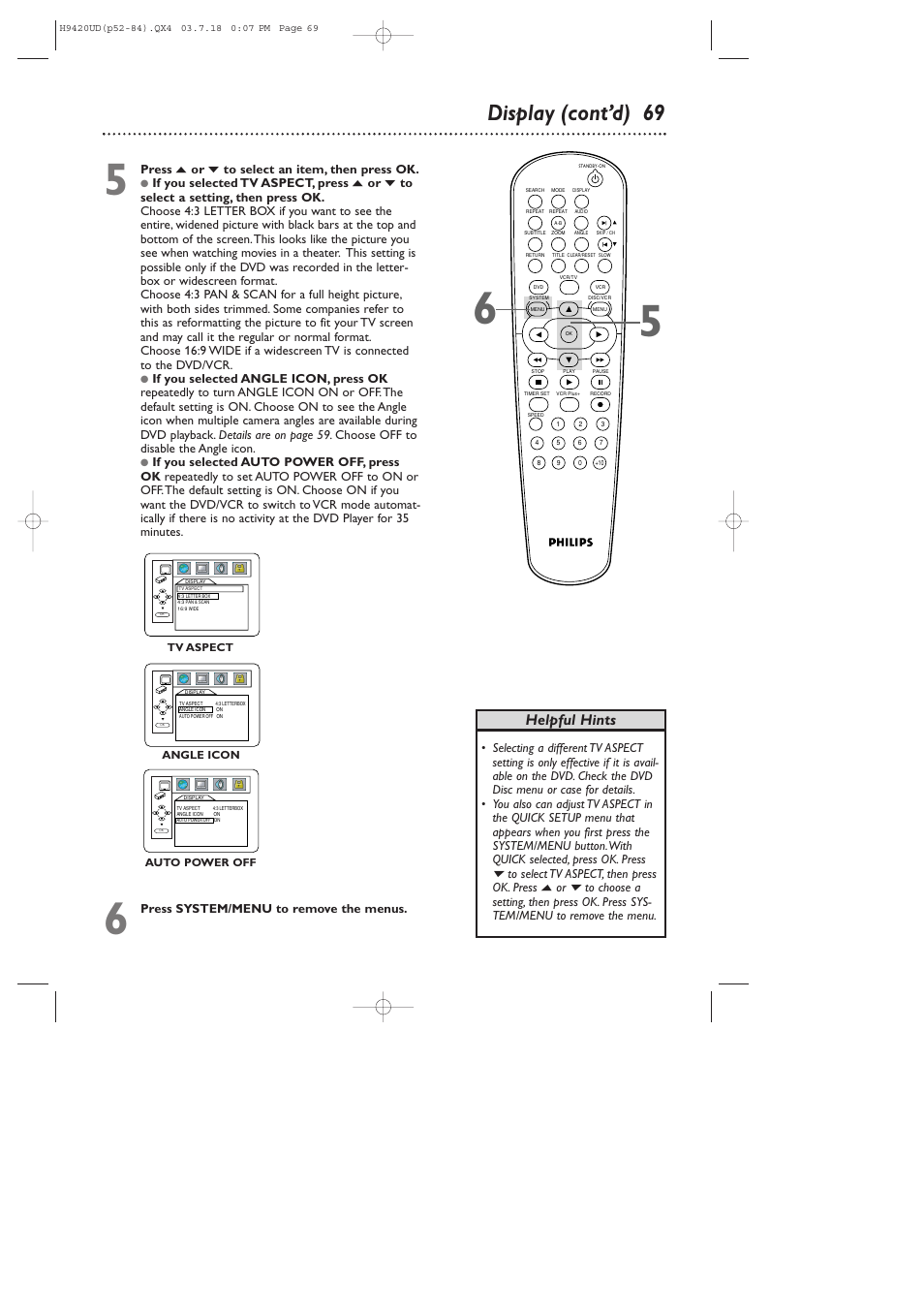 Display (cont’d) 69, Helpful hints | Philips DVD750VR/17 User Manual | Page 69 / 84