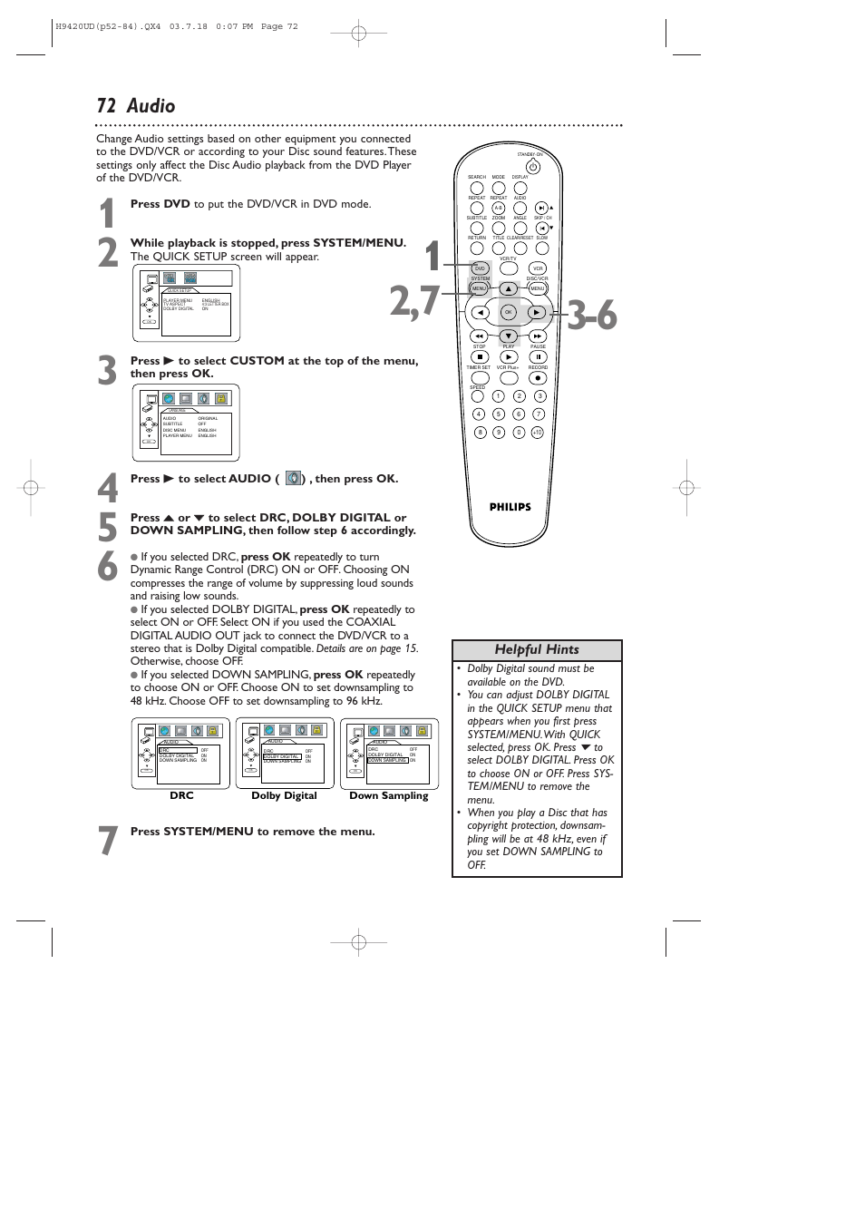 72 audio, Helpful hints | Philips DVD750VR/17 User Manual | Page 72 / 84