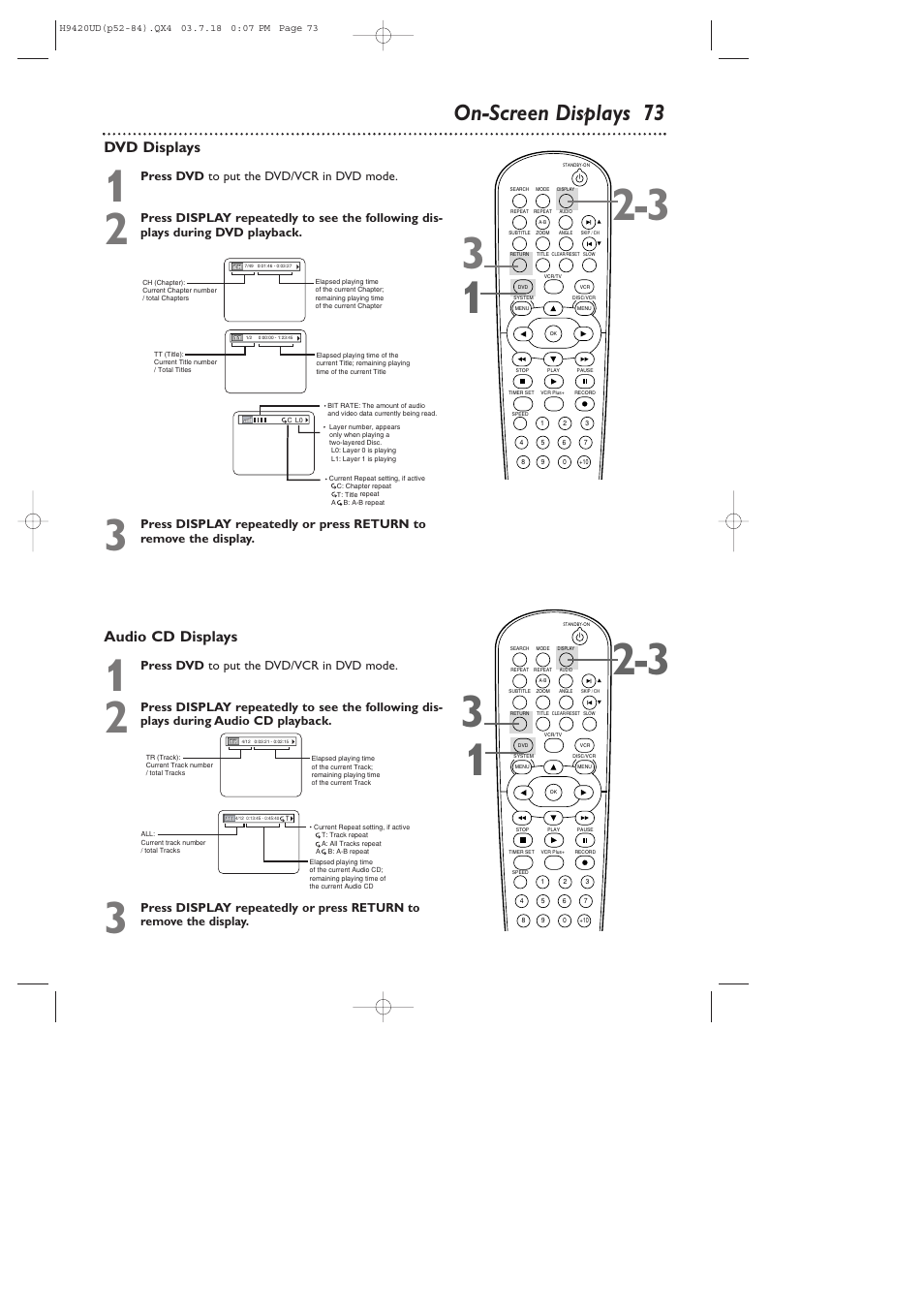 On-screen displays 73, Audio cd displays, Dvd displays | Philips DVD750VR/17 User Manual | Page 73 / 84