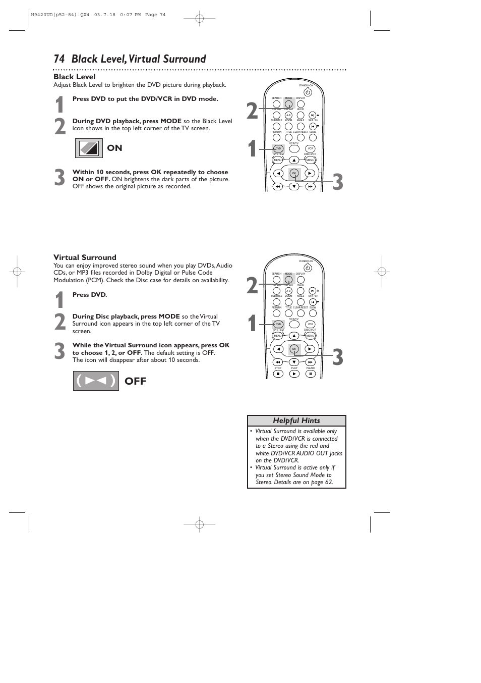 74 black level, virtual surround | Philips DVD750VR/17 User Manual | Page 74 / 84