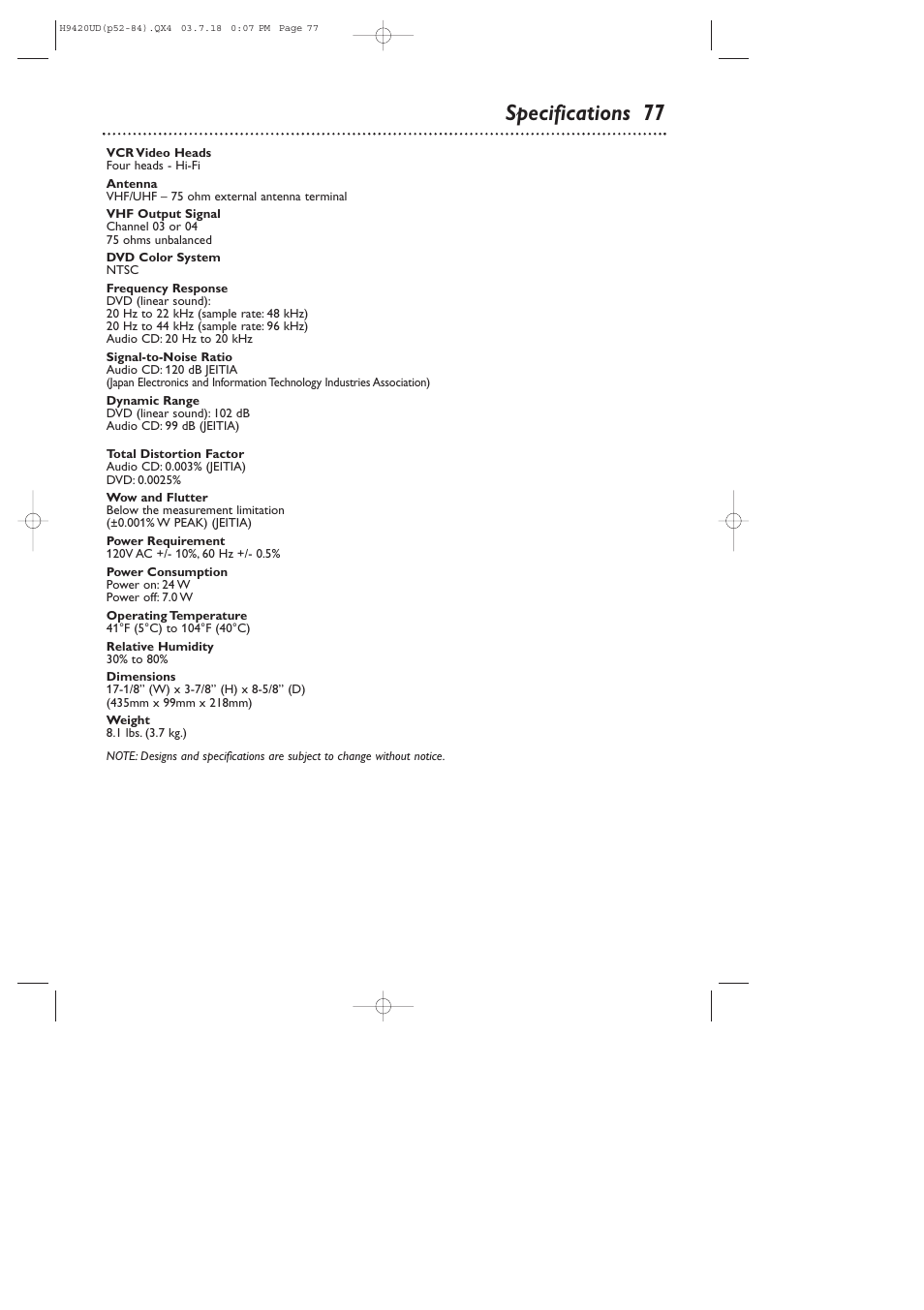 Specifications 77 | Philips DVD750VR/17 User Manual | Page 77 / 84