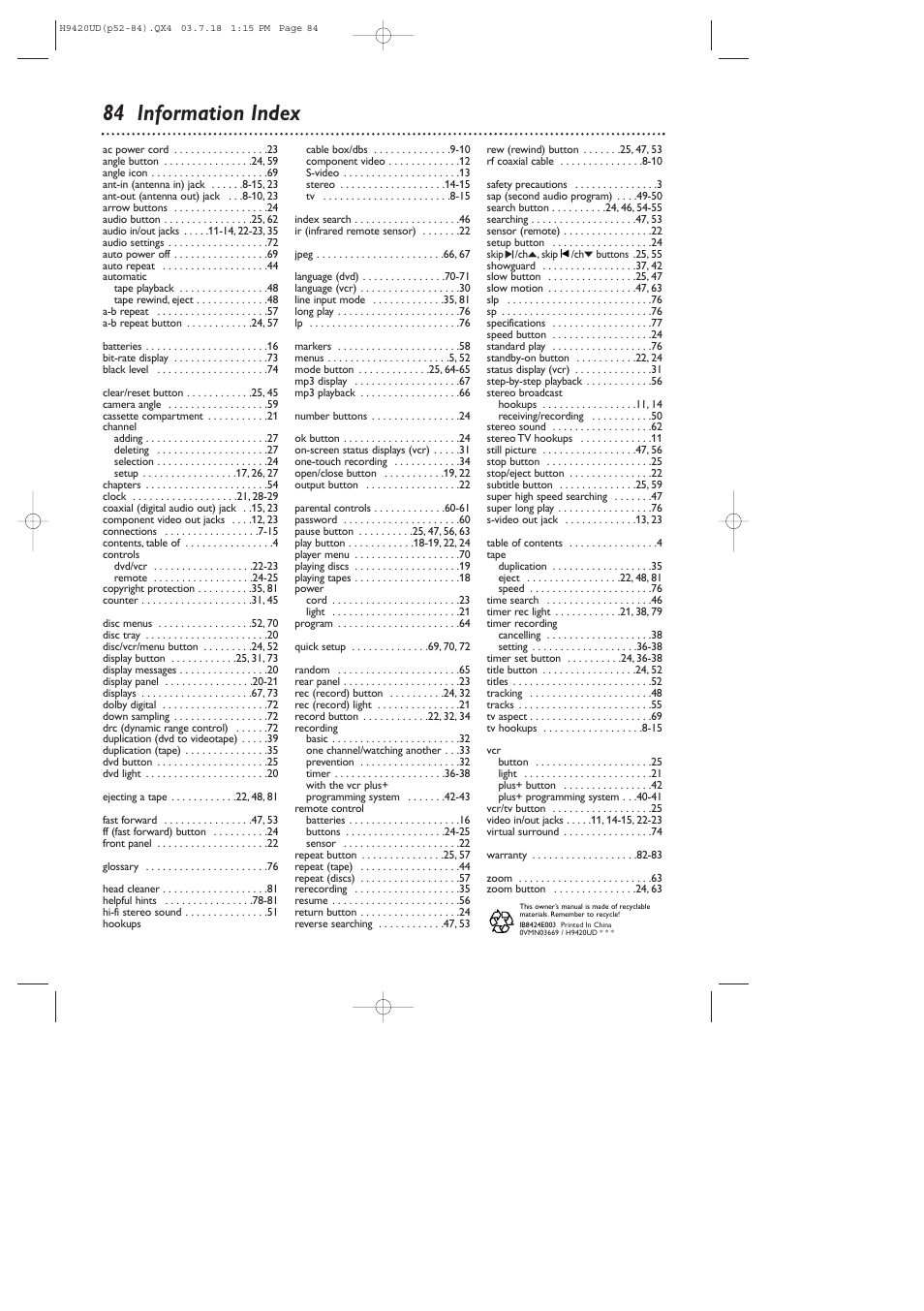 84 information index | Philips DVD750VR/17 User Manual | Page 84 / 84