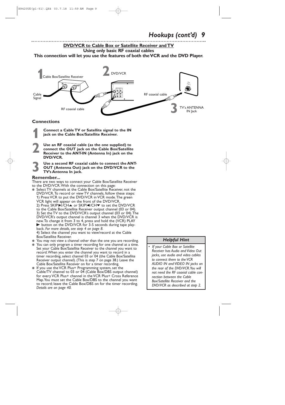 Hookups (cont’d) 9, Connections, Remember | Helpful hint | Philips DVD750VR/17 User Manual | Page 9 / 84