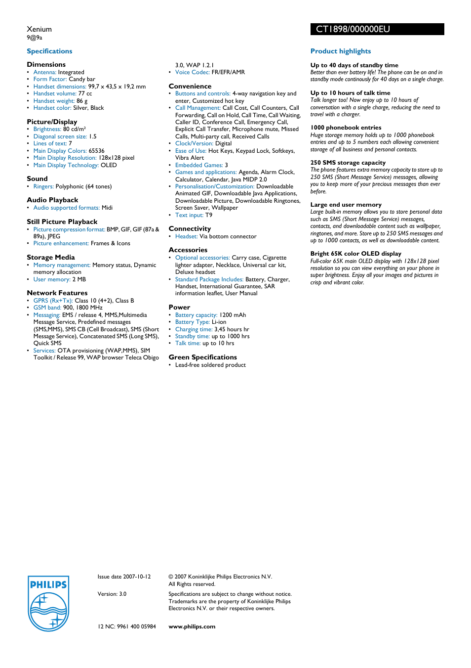 Philips Xenium CT1898 User Manual | Page 2 / 2