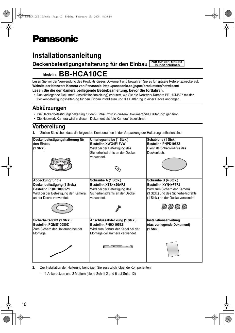 Installationsanleitung, Bb-hca10ce, Deckenbefestigungshalterung für den einbau | Vorbereitung, Abkürzungen | Philips BB-HCA10CE User Manual | Page 10 / 36