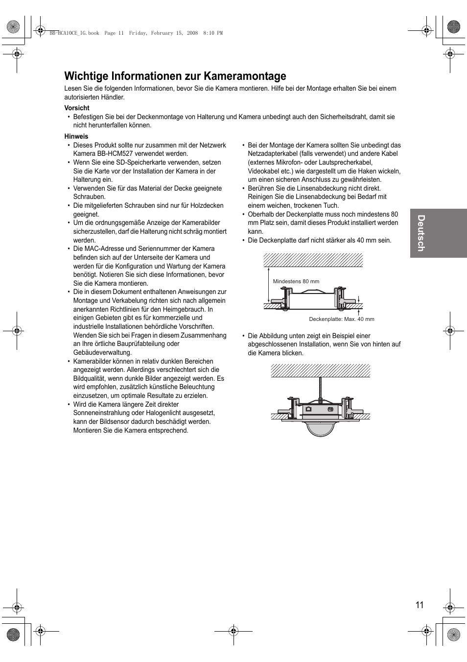 Wichtige informationen zur kameramontage, Deutsch 11 | Philips BB-HCA10CE User Manual | Page 11 / 36