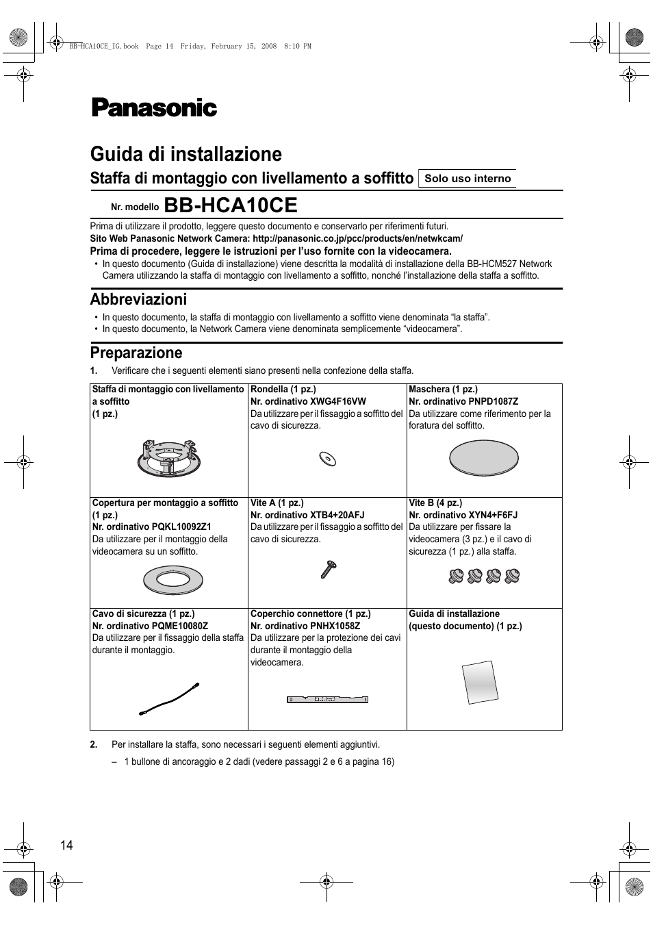 Guida di installazione, Bb-hca10ce, Staffa di montaggio con livellamento a soffitto | Preparazione, Abbreviazioni | Philips BB-HCA10CE User Manual | Page 14 / 36