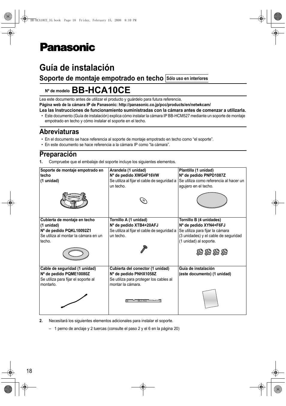 Guía de instalación, Bb-hca10ce, Soporte de montaje empotrado en techo | Preparación, Abreviaturas | Philips BB-HCA10CE User Manual | Page 18 / 36