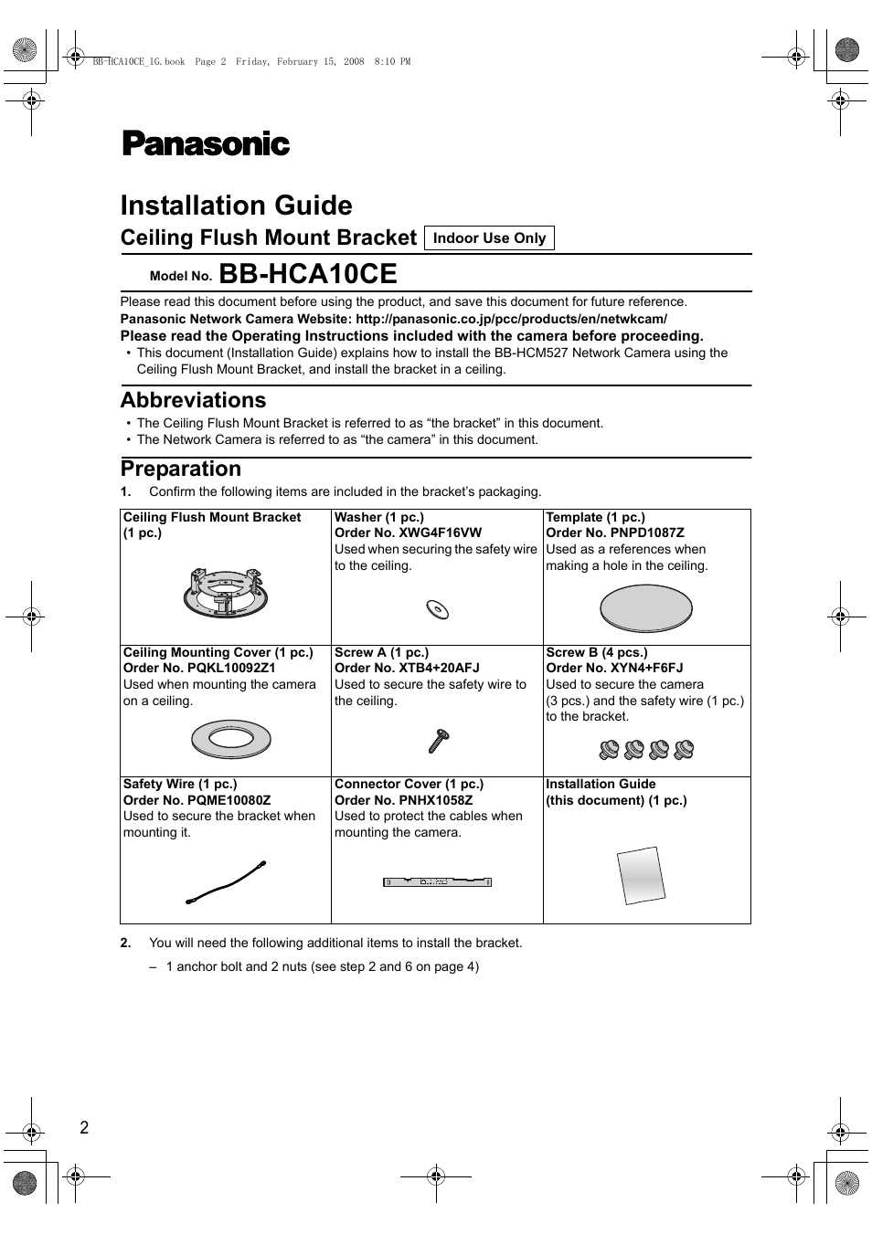 Installation guide, Bb-hca10ce, Ceiling flush mount bracket | Preparation, Abbreviations | Philips BB-HCA10CE User Manual | Page 2 / 36