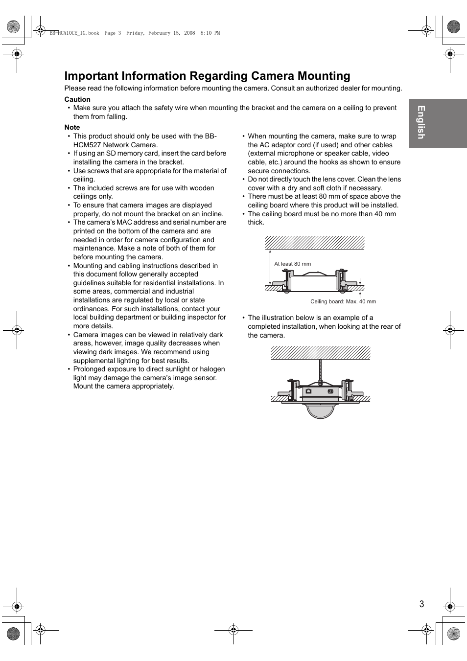 Important information regarding camera mounting, English 3 | Philips BB-HCA10CE User Manual | Page 3 / 36