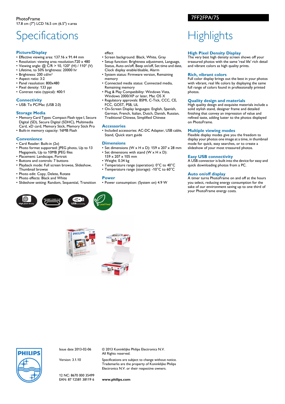 Specifications, Highlights, 7ff2fpa/75 | Philips 7FF2FPA/75 User Manual | Page 2 / 2