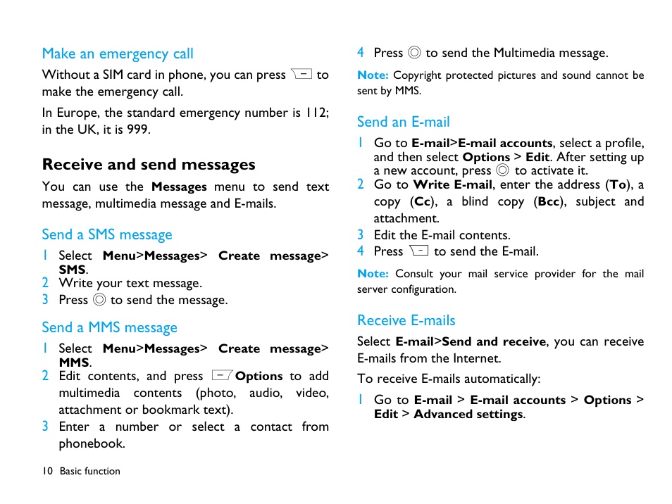 Make an emergency call, Receive and send messages, Send a sms message | Send a mms message, Send an e-mail, Receive e-mails | Philips CTX503WHT/00 User Manual | Page 11 / 34