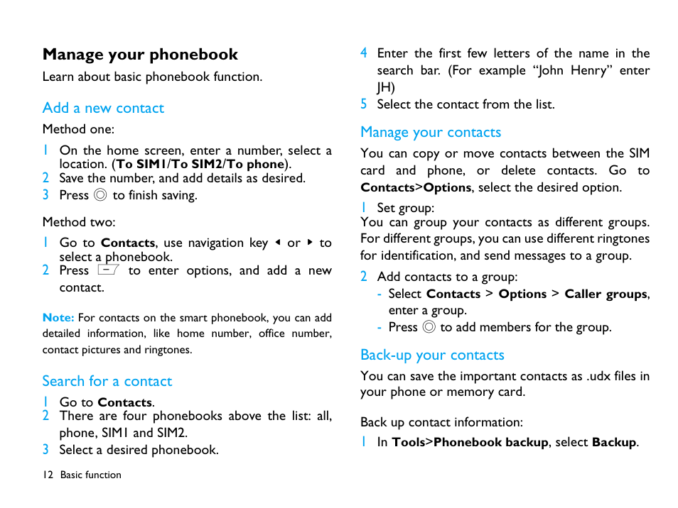Manage your phonebook, Add a new contact, Search for a contact | Manage your contacts, Back-up your contacts | Philips CTX503WHT/00 User Manual | Page 13 / 34