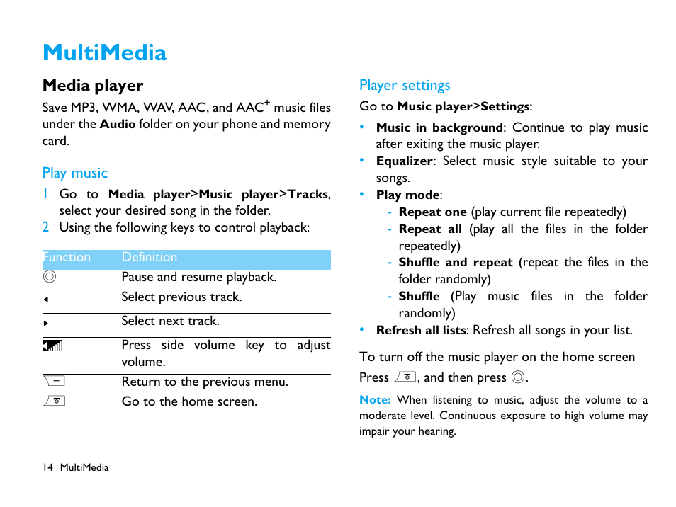 Multimedia, Media player, Play music | Player settings | Philips CTX503WHT/00 User Manual | Page 15 / 34
