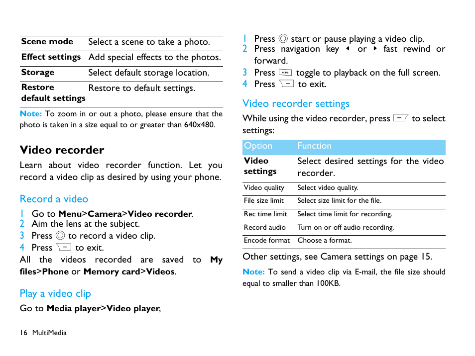Video recorder, Record a video, Play a video clip | Video recorder settings | Philips CTX503WHT/00 User Manual | Page 17 / 34