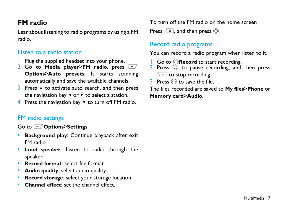 Fm radio, Listen to a radio station, Fm radio settings | Record radio programs | Philips CTX503WHT/00 User Manual | Page 18 / 34