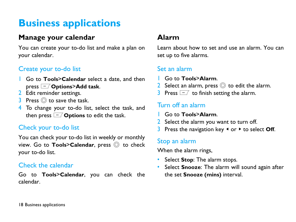 Business applications, Manage your calendar, Create your to-do list | Check your to-do list, Check the calendar, Alarm, Set an alarm, Turn off an alarm, Stop an alarm | Philips CTX503WHT/00 User Manual | Page 19 / 34