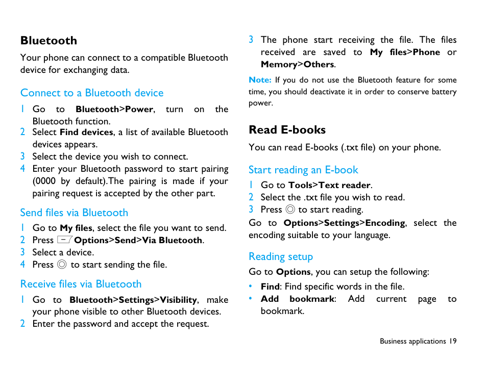 Bluetooth, Connect to a bluetooth device, Send files via bluetooth | Receive files via bluetooth, Read e-books, Start reading an e-book, Reading setup, 19 read e-books | Philips CTX503WHT/00 User Manual | Page 20 / 34