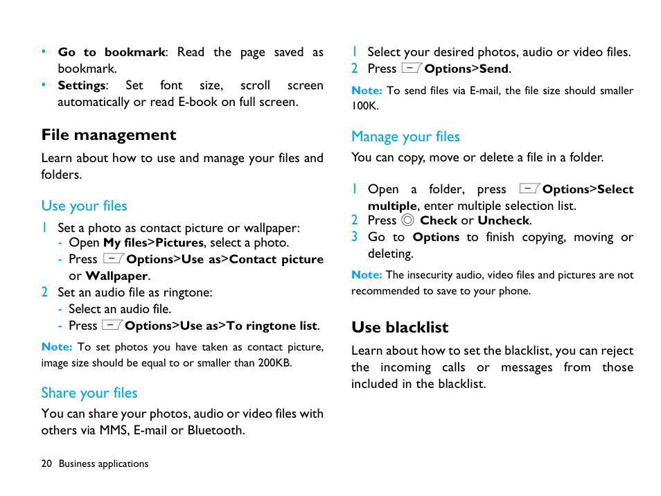 File management, Use your files, Share your files | Manage your files, Use blacklist, 20 use blacklist | Philips CTX503WHT/00 User Manual | Page 21 / 34