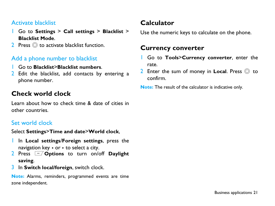 Activate blacklist, Add a phone number to blacklist, Check world clock | Set world clock, Calculator, Currency converter, 21 currency converter | Philips CTX503WHT/00 User Manual | Page 22 / 34