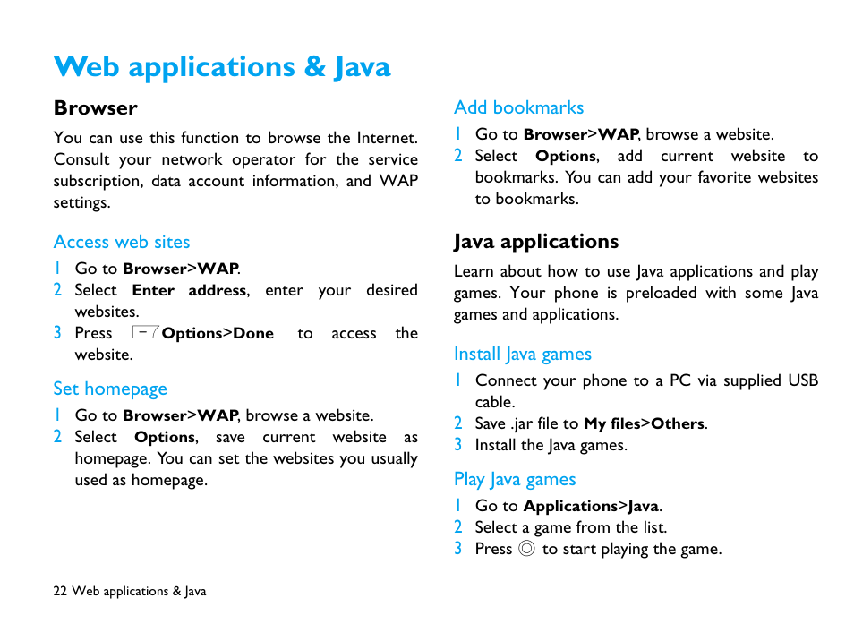 Web applications & java, Browser, Access web sites | Add bookmarks, Java applications, Install java games, Play java games, Va applications | Philips CTX503WHT/00 User Manual | Page 23 / 34