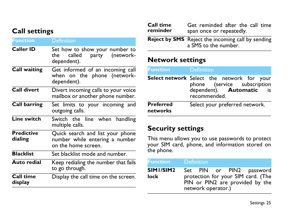 Call settings, Network settings, Security settings | 25 network settings, 25 security settings, Call settings network settings security settings | Philips CTX503WHT/00 User Manual | Page 26 / 34