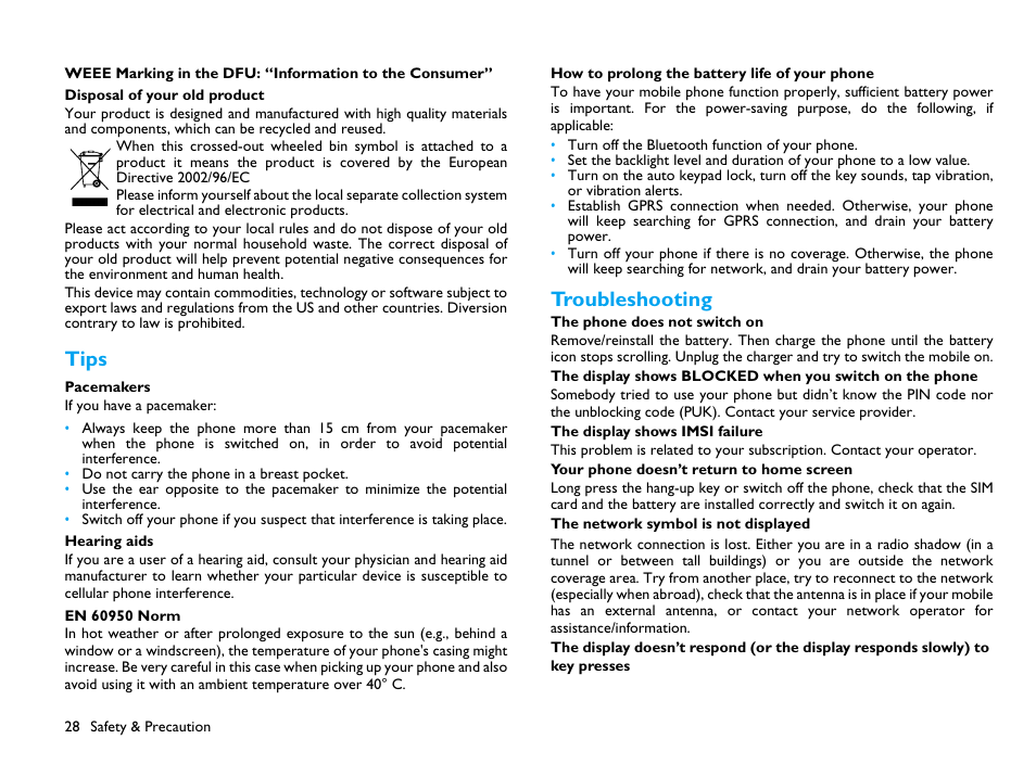 Disposal of your old product, Tips, Pacemakers | Hearing aids, En 60950 norm, How to prolong the battery life of your phone, Troubleshooting | Philips CTX503WHT/00 User Manual | Page 29 / 34
